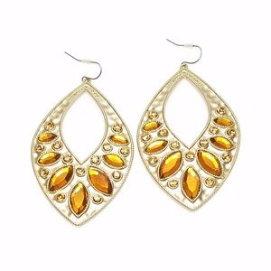 Gold Tone Orange Brown Gem Leaf Shaped Hoop Earrings